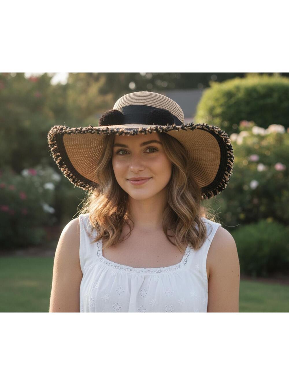 Betsey Johnson Pom Pom Floppy Straw Beach Hat Fringe One Size